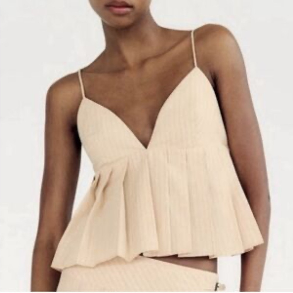 Zara Pleated Tank Top Cotton Cream + Pinstripes V-Neck Camisole Size XXL